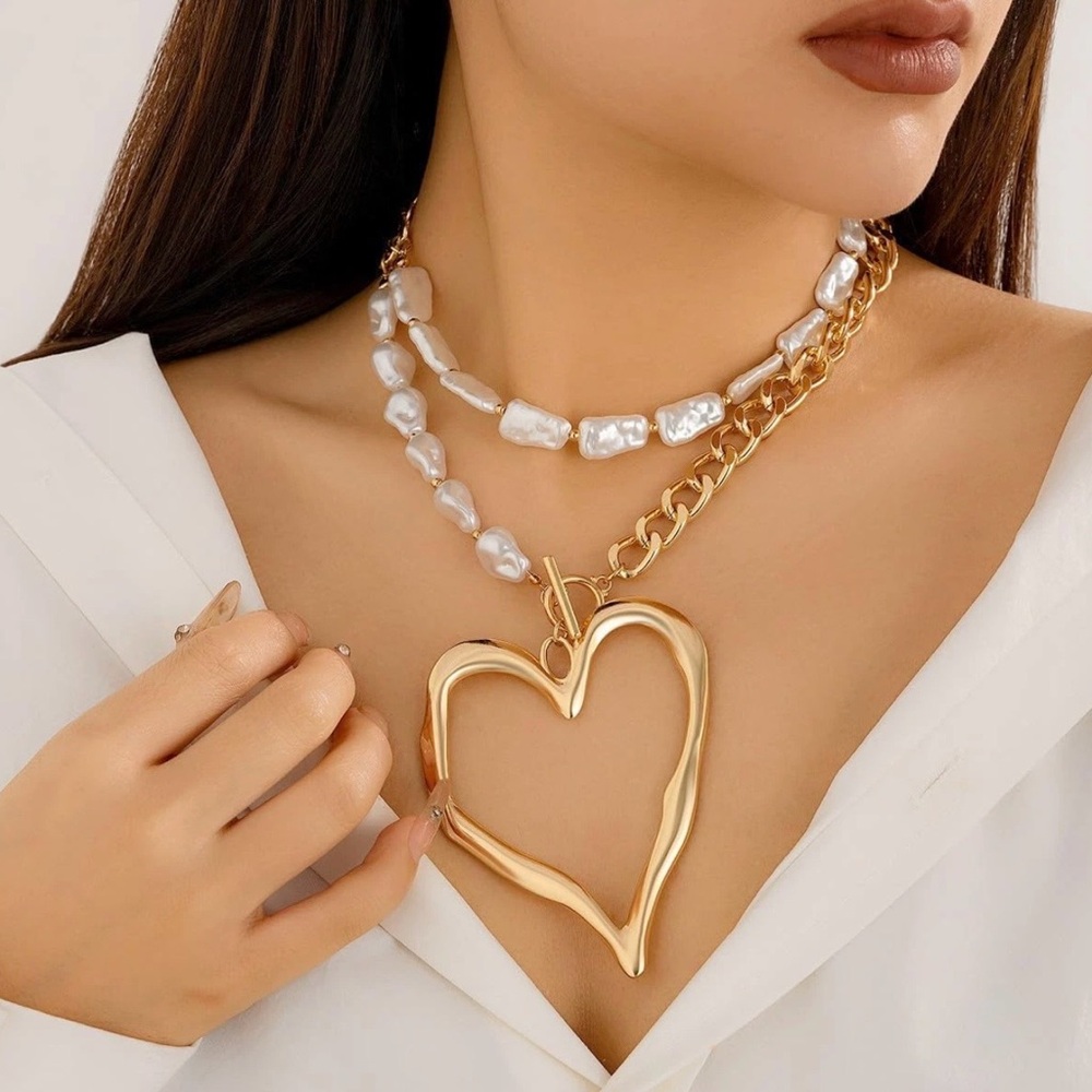 Magnum Large Gold Heart Pendant Choker With Pearls Statement Necklace New